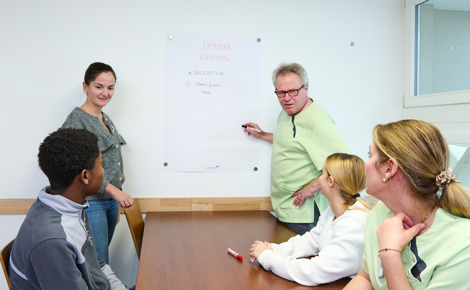 Berufseinstieg im Landhaus Neuenegg Mitarbeiter bei einer Schulung, sitzen an einem Tisch, schauen auf ein Flipchart